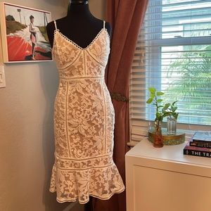Alluring Love White and Beige Lace Trumpet Hem Midi Dress - Lulus